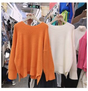 가을 겨울 새로운 패션 여성의 느슨한 팔라 조 오 넥 긴 소매 캔디 컬러 따뜻한 부드러운 양모 니트 스웨터 점퍼 탑