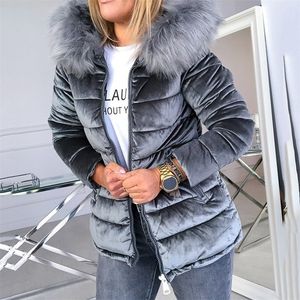 Winter Samt Jacke Mantel Frauen Baumwolle Gepolsterte Jacken Grau Rosa Plus Größe 4XL Kapuze Pelz Kragen Dicke Mode Grundlegende Schnee oberbekleidung 201103