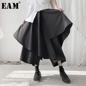 [EAM] 높은 탄성 허리 블랙 스플릿 층 넓은 다리 바지 새로운 느슨한 맞는 바지 여성 패션 조류 봄 가을 19A-A541 201119