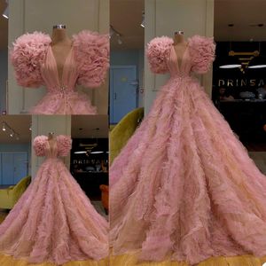 Ruffle Tulle Evening Dresses Custom Made V Neck Stones Beading Prom Dresses Sweep Train Party Gowns