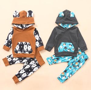 INS vestiti del bambino sveglio del 2PCS Outfit bambino a maniche lunghe con cappuccio Cartoon Bear Cat Stampa mutanda Bambino Unisex Autunno Inverno Set di abbigliamento BY1616