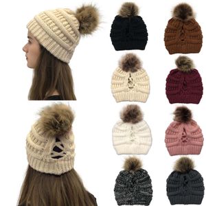 New Style Horseail Hut Winter Warme Frau Pom Pom Hut Für Damen Faltbare gestrickte Casual Mützen Kappe Dicke Hut DLH489