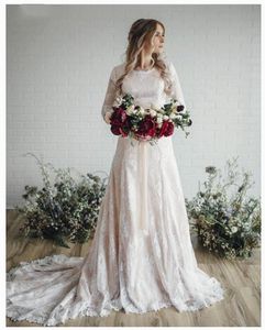 Skromny projektant Szampan Boho Koronki Linii Suknie Ślubne Suknie Ślubne Długie Rękawy Specjalna okazja Dress Custom Made Vestidos de Noiva