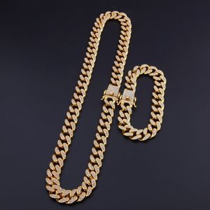 13mm Miami Cuban Link Kedja Halsband Armband Set Full Iced Out Rhinestones Bling Bling Hiphop Smycken Set