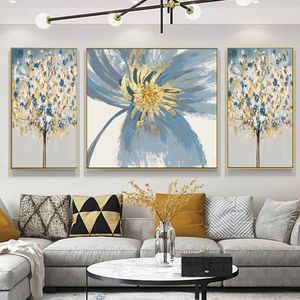 3 painéis azuis flor de ouro pintura a óleo impresso na tela moderna nórdica imagem flor decorativa poster abstrato e impressões arte