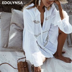 Women Swimsuit Cover Ups Mandarin Sleeve Kaftan Beach Tunic Dress Robe De Plage Solid White Cotton Pareo Beach Cover-ups LJ200815