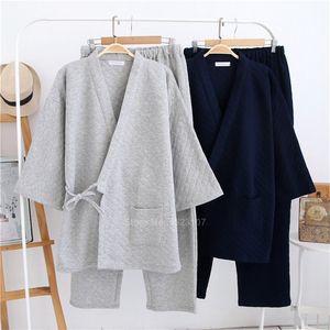 V 넥 코튼 겨울 두꺼운 잠옷 남성용 세트 따뜻한 전통적인 동양 일본식 잠옷 잠옷 나이트웨어 LJ201113