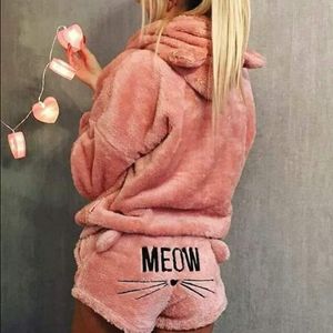 Womens Cat Fleece Fluefy Warm PJS Pijamas Sleepwear Setwear Conjunto de Pijamas Equipado Capuz Cosplay Homewear Y200708