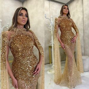 Luxurious Gold Sequined Evening Dresses 2021 Long Sleeves Arabic Dubai Sparkly Prom Gowns Handmade Red Carpet Special Occasion Dress