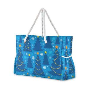 Сумки для покупок Beach Tote сумка Большая емкость синяя елочная емкость Печать подмышечные сумки для женщин для женщин Мода Дамы Ежедневная Торговая сумка 220310