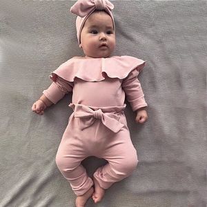 Dziewczynka Ubrania Zestaw Newborn Infant Frill Solid Romper Body Bow Spodnie Stroje Niemowlę Nowy Born Stroje Odzież dziecięca 2582 Q2