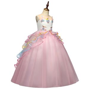 Tek Boynuzlu Elbiseler toptan satış-Unicorn Elbise Kızlar Için Doğum Günü Partisi Giysi Nakış Çiçek Balo Çocuklar için Elbiseler Gökkuşağı Örgün Prenses Çocuk Kostüm Q2