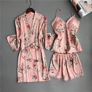 Pajama Sets Silks Satins Sleepwear Sexy Nightwear Floral Pijama Mujer V-neck Pajamas For Women Ladies Female Lounge Wear Pyjamas Y200708