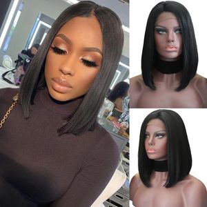 Kort Bob-peruk Naturlig Straight Syntetisk Lace Front Wig Svart Färg Värmebeständig Glödlösa Pärlor För Svarta Kvinnor