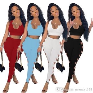2022 Designer Rib Sticked Tracksuits For Womens Two Piece Pants Set Summer Sexy U-Neck Vest Hollow Out Leggings Clothing