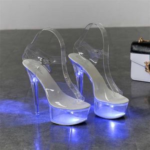 Licht op gloeiende schoenen vrouw lichtgevende duidelijke sandalen vrouwen platform hoge hak transparante stripper bruiloft