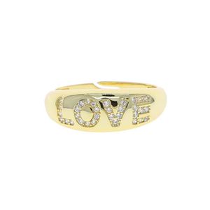 Wide Band Gold Color Wedding Ring with Cz Paved Letter Love Engraved Wholesale Women Open Band Finger Ring Adjustable Size
