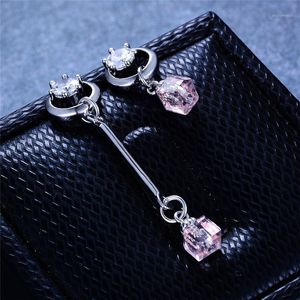 Dangle & Chandelier Fashion Female Crystal Asymmetrical Drop Earrings Rose Gold Pink Stone Boho Wedding Jewelry Long Dangle1