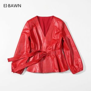 جلد الغنم معطف الخريف الأحمر الأسود خمر المرأة زائد الحجم الإناث سترة جلدية حقيقية 201030