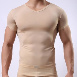 Dünnes Herren-Unterhemd/Mann-Eisseide, durchsichtig, kurze Ärmel, Basic-Hemden/Gay-Mesh, atmungsaktiv, V-Ausschnitt, durchsichtige Unterwäsche 201009