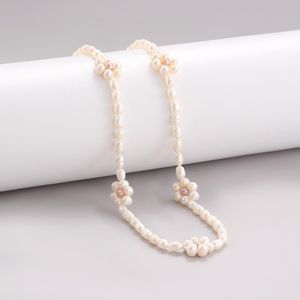 Coeufuedy Real Freshwater Pearl Necklace for Women Daisy Handmade 3-4mm White Rice Pearl Necklace FineJewelry 2020 New Q0531