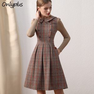 Wholesale only dresses for sale - Group buy Only plus Winter Dress Woolen Brown Peter Pan Collar vintage dress With Buttons Knitted Long Sleeve Dress For Women