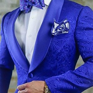 新しい到着ロイヤルブルーの花の男性のスーツのための結婚式のための最新のデザイン新郎Tuxedos Shawl Lapel Suit男性グルーミングマンベストマンブレザー201106