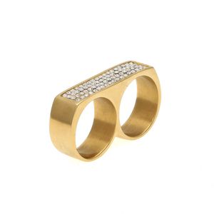 Men's Hip Hop Cool Two Finger Iced Bling Rhinestone Stainless Steel Gold color Ring Fashion Party Jewelry Size 9 and 10