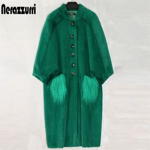 Nerazzurri Oversized Green Long Flug Fute Fala Casaco Mulheres Bat Sleeve Com Pele Mongólia Pockets Pelry Coats Plus Size Moda 201215