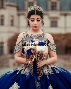 Granatowy Vestido DE 15 Anos Quinceanera Prom Dresses Aplikacje Koronki Sweet 16 Dress Party Suknie Sweep Pociąg