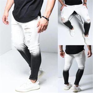 Mens Gradient Hole Jeans Fashion Trend Elasticity Skinny Foot Zipper Denim Pencil Pants Clothing Designer Male Spring New Casual Slim Jeans