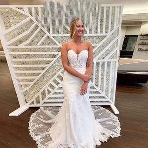 New Romantic Mermaid Wedding Dresses Sweetheart Appliques Lace Bridal Gowns Sweep Train Custom Made Wedding Dress L57