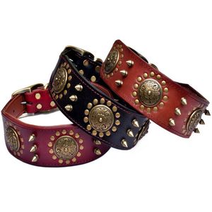 Spiked Dog Collar Leather Black Gold Krawat Paznokci Kołnierzyki Retro Nit Pet Collar Anti Bite Gromaded Studded Duża Łańcuch Neck Traction