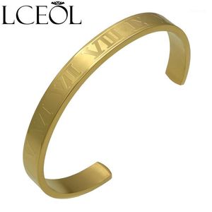 Bangle Lceol Titânio Aço Inoxidável Aço Inoxidável Numerais Cor de Ouro Cuff Braceletes Letra Letra Pulseira Homens Mulheres Aberto Bangles1