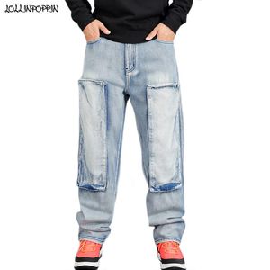 Mäns jeans hip hop retro män ljusblå brett ben 2021 skateboarder slitage tvättade loss denim byxor plus storlek streetwear