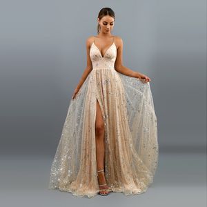 Star Sequins Evening Dress Deep V neck Sexy Vestido De Fiesta De Noche high split fork Strapless Dress A-line Tulle Dress LJ201123