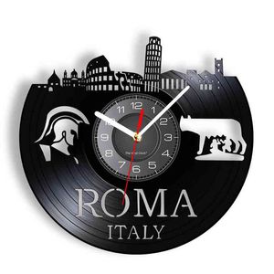 Italia Roma Vintage Orologio da parete in stile retrò Viaggio Europeo Wall Art Home Decor Roma Album in vinile riproposto Orologio da registrazione Orologio H1230