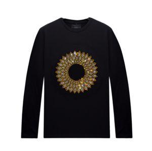 Spring Autumn Black Long Sleeves T Shirt with Rhinestone Designs for Men Women - Crew Neck Tops Streetwear Shirts Multiple Design/Sizes