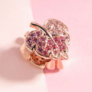 925 Sterling Silver Metal Rose Gold Plated Sparking Leaf Charm Pärla för European Pandora Smycken Charm Armband