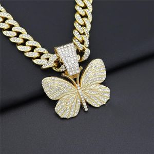 Butterfly Necklace & Pendant Iced Out Cuban Chain Gold Color AAA Cubic Zircon Men'S Women Hip Hop Rock Jewelry