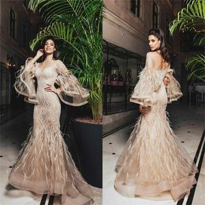 Real Image Evening Dresses Luxury Feather Lace Appliqued Mermaid Prom Dresses Long Sleeves Ruffles Custom Made Formal Pageant Gown Chic