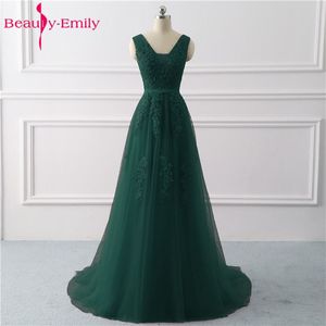 Beauty-Emily V-Neck Długie Suknie Wieczorowe 2020 dla Kobiet Lace Up Powrót Suknia Wieczorowa Tulle Bez Rękawów Plisowana sukienka Plus Size LJ201124
