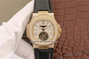 R8F Nautilus 5711 18K Gold Full Diamonds Real Tourbillon Mekanisk Handlindande Mens Watch Diamond Dial Leather Strap Gents Sport Klockor