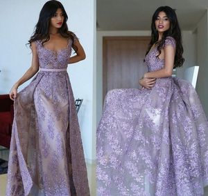 Lavendel plus storlek elegant applique spets mantel kvällsklänningar med avtagbar övervakare formell klänning fest kväll pagant prom klänningar