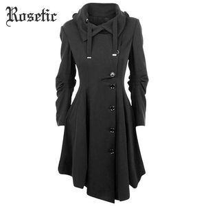 Rosetic Gothic Long Trench Coat Nero Slim Asymmetric Collar Collar Button Elegante Autunno Inverno Vintage Goth Goth Outwears 201031