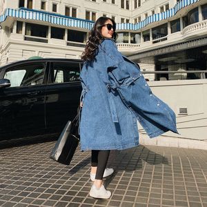 Mulheres Lapela Solta Denim Trench Windbreaker Vintage Manga Longa Overcoat Inverno Outono Bandage Casaco Mujer Abrigos F1485 T200805