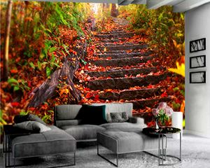 3D paisagem papel de parede bonito vermelho folhas escadas 3d paisagem papel de parede romântico decorativo seda 3d mural papel de parede