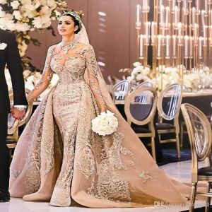 Arabic Dubai Gorgeous High Neck Long Sleeve Wedding Dress 2020 Mermaid Lace Appliques Detachable Train Bridal Gowns vestido de noiva WHT0228