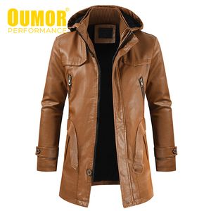 Oumor Winter New Long Hooded Thick Fleece Jacket Parkas Outwearカジュアルビンテージウォームフェイクレザージャケットメン3xl 201116