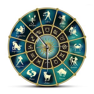 Złoty niebieski horoskop koło z objawami zodiaku akrylowego wyciszenie zegar ścienny konstelacja astrologia symbol domu wystrój Wall Zobacz1